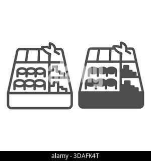 Sushi-Set mit Gewürzlinie und festem Symbol, japanisches Essenskonzept. Vektorgrafiken. Sushi in Plazettenbehältern, Fastfood-Schild auf weißem Hintergrund Stock Vektor