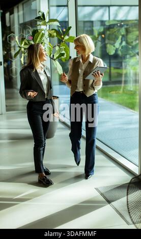 Zwei professionelle Frauen führen Gespräche, während sie durch ein helles Büro mit großen Fenstern und Grün laufen. Beide tragen stilvolle Outfits und Stockfoto