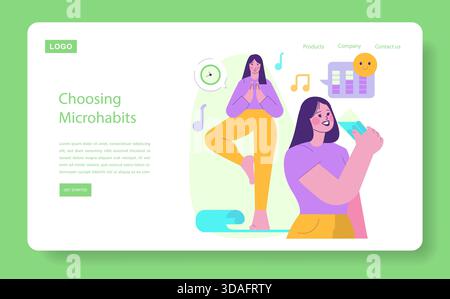 Vektor-Illustration einer Frau, die Mikrogewohnheiten praktiziert, mit einem Panel, das Meditation in einer Yoga-Pose zeigt und einem anderen, der ein erfrischendes Getränk genießt. Symbole für Musik und Glück verstärken das Thema. Stock Vektor