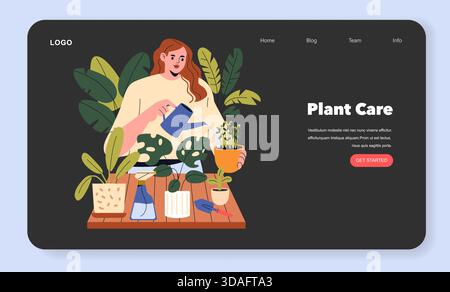 Die Vektorillustration zeigt eine Frau, die verschiedene Topfpflanzen tränkt, die auf einer Website platziert ist. Das Design ist ideal für digitale Inhalte im Zusammenhang mit Gartenarbeit oder Pflanzenpflege. Stock Vektor