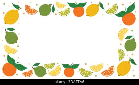 Rechteckiger Rahmen aus Zitrusfrüchten wie Zitrone, Orange, Limette mit grünen Blättern, Keilen und winzigen Punktakzenten. Heller, flacher Cartoon-Stil, perfekt für s Stock Vektor