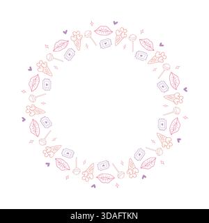 Circle Frame mit Lutscher Ticket Lips Eis und Herz Valentinstag Doodle Illustration Stock Vektor