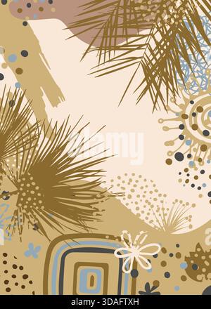 Boho abstraktes botanisches Poster mit einem handgezeichneten Palmblatt, abstraktes Hintergrundbanner an der Wand in Brauntönen mit Palmblättern. Handgezeichnet. Nicht AI Stock Vektor