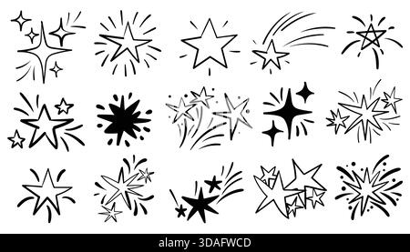 Set handgezeichneter Kritzelsterne und Feuerwerkskompositionen. Star Spark Element Grafik. Schlichter, verspielter Skizzenstil verleiht festlichen Charme, perfekt für G Stock Vektor