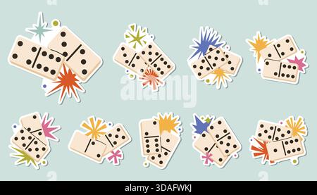 Set aus lustigen Domino-Spielstücken mit Sternkompositionen, die als verspielte Aufkleber gestaltet sind. Auffällige Formen und leuchtende Farben im flachen Cartoon-Stil perfekt für Gam Stock Vektor
