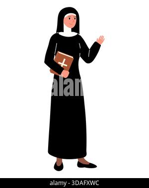 Nonne in Cartoon-Illustration. Sie trägt schwarze Angewohnheit. Ihre Hand wird in Geste des Grußes oder Segens erhoben. Stock Vektor