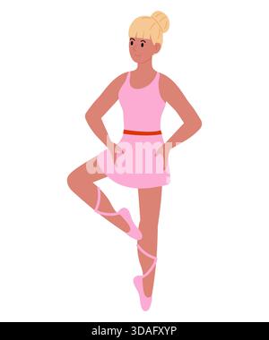 Frau in Ballettstellung, Illustration im Cartoon-Stil. Sie trägt einen rosa Trikot und Strumpfhosen. Balletttänzerin. Sammlung von Berufen Stock Vektor