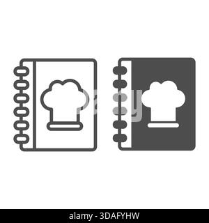 Rezeptbuch mit Kochhutlinie und festem Symbol, Kochkonzept. Vektorgrafiken. Buchnotizen auf weißem Hintergrund, Symbol für Umrissstil für Mobilgeräte oder Stock Vektor