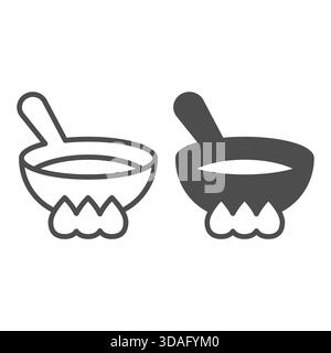 Bratpfanne auf Feuer, Gasleitung und Symbol, Kochkonzept. Vektorgrafiken. Schild mit Küchenpfanne auf weißem Hintergrund, Umrisssymbol für Mobilgerät oder Stock Vektor