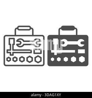 Werkzeugsatz in Kofferlinie und durchgehendem Symbol, Autoreparaturkonzept. Vektorgrafiken. Mechaniker-Werkzeuge unterzeichnen auf weißem Hintergrund, Symbol für Umrissstil für Stock Vektor