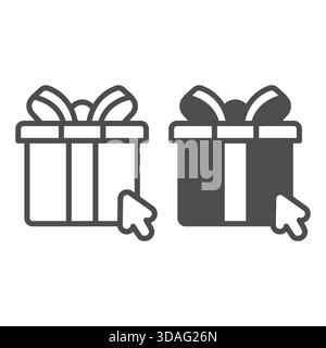 Geschenkbox mit Bogen und Mauszeiger und durchgehendem Symbol, Cyber monday-Konzept. Vektorgrafiken. Box mit Cursor, Geschenkschild auf weißem Hintergrund, aus Stock Vektor