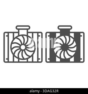 Auto-Aluminium-Kühler mit Lüfterlinie und durchgehendem Symbol, Autoteilekonzept. Vektorgrafiken. Kühlerschild auf weißem Hintergrund, Umrisssymbol für Mobi Stock Vektor
