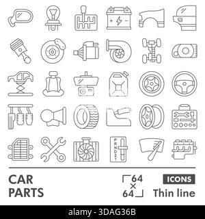 Symbole für Autoteile, Sammlung oder Skizzen, Design für Autoersatzteile mit dünnen Linien für Web und App. Vektorgrafiken auf weißer Rückseite isoliert Stock Vektor