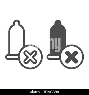 Kondom-Bannlinie und ausgewachsenes Symbol, Schutzkonzept. Vektorgrafiken. Gummi mit Schließknopf, Schild für verbotene Gegenstände auf weißem Hintergrund, Umrissstil Stock Vektor