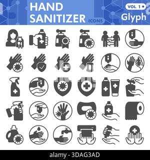 Handdesinfektionsmittel Symbole Sammlung oder Skizzen, Hygienemethode mit Glyphenzeichen für Web und App. Vektorgrafiken isoliert auf weißem Hintergrund Stock Vektor