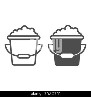 Seifenwasser-Eimerlinie und festes Symbol, Hausarbeit-Konzept. Vektorgrafiken. Eimer mit Griff und Schaumstoffschild auf weißem Hintergrund, Umrissstilikon f Stock Vektor