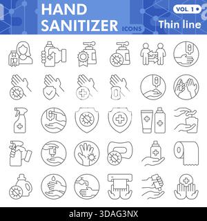 Handdesinfektionsmittel Symbole Sammlung oder Skizzen, Hygienemethode mit dünnen Linien für Web und App. Vektorgrafiken isoliert auf weißem Hintergrund Stock Vektor