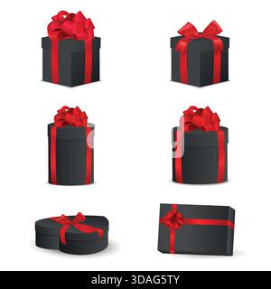 Schwarze luxuriöse Geschenkboxen mit rotem Schleifenband und Herzgeschenk. Vektor 3D realistische Feiertagspackung für Weihnachten Neujahrsgeburtstag Stock Vektor