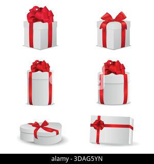 Weiße Geschenkboxen mit rotem Schleifenband, rund und Herz, luxuriöses Geschenkset. Vektor 3D realistische Feiertagspackung für Weihnachten Neujahr Geburtstag Hochzeit Stock Vektor