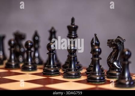 Nahaufnahme von schwarzen Schachfiguren auf einem Schachbrett. Stockfoto