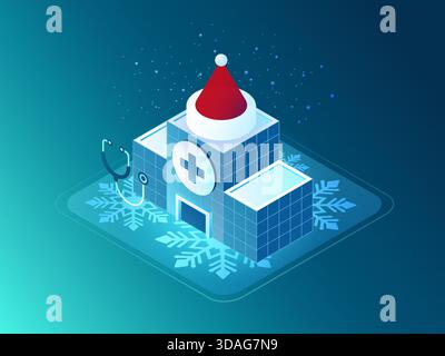 Weihnachten Healthcare Grußkarte - Krankenhaus trägt roten Santa Claus Hut mit medizinischem Stethoskop, und festliche Schneeflocken - isometrische Vektor-Illustration Stock Vektor