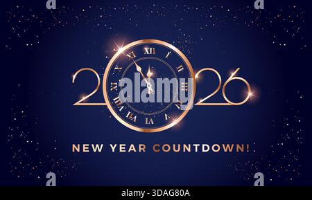 Neujahrs-Countdown-Design mit eleganten goldenen 2026 Ziffern und klassischer Uhr auf dunkelblauem glänzenden Hintergrund - Vektorillustration Stock Vektor