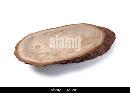Ovale Holzplatte aus einem Baum, der isoliert auf weißem Hintergrund geschnitten wurde. Stockfoto
