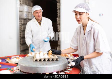 Positive junge Frauen und männliche Bauern im weißen Fell, die nach Größe sortieren und frische Hühnereier auf dem Förderband aus dem Stall mit Hühnern auf dem Bauernhof markieren Stockfoto