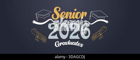 Elegantes, weißes und goldenes Senior 2026-Banner mit dekorativen Kappengrafiken und klarem feierlichem Layout Stock Vektor