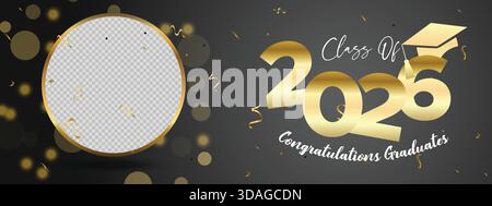 Dunkles elegantes Banner der Klasse 2026 mit rundem goldenen Rahmen und glänzenden Premium-Designelementen Stock Vektor