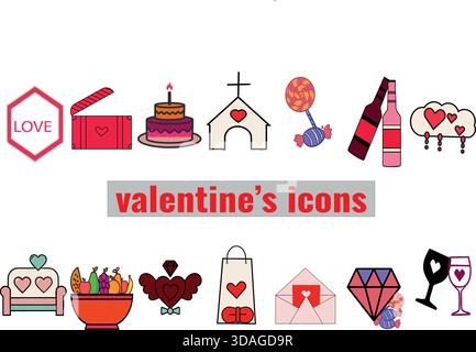 Satz von farbenfrohen flachen Design-Vektorsymbolen, die verschiedene romantische und valentinstag-Symbole darstellen, einschließlich Geschenke, Süßigkeiten und Getränke Stock Vektor