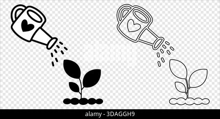 Gießkanne mit Herzsymbol und Pflanzen-Silhouette und Outline Stock Vektor