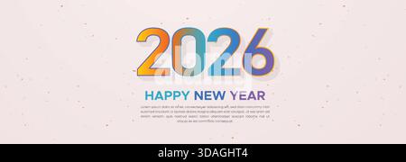 Lebendiges Neujahrsbanner 2026 mit mehrfarbiger Typografie und Konfetti auf elegantem weißem Hintergrund Stock Vektor