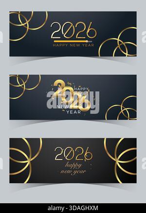 Golden Geometry 2026 Neujahrsbanner mit schwarzem Hintergrund und kreisförmiger Linienkunst Stock Vektor