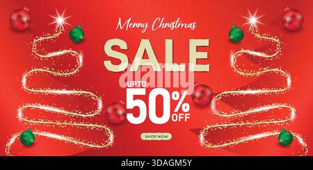 Leuchtend roter Weihnachtshintergrund mit Baumgirlandelichtern und leuchtenden Glitzern Stock Vektor