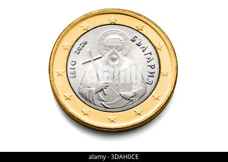 Eine Euro-Münze, Makro isoliert auf weiß Stockfoto