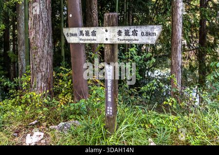 Wegweiser entlang des Nakasendo-Weges in zwei Sprachen: 6,9 km bis Magome-juku (馬籠宿) und 0,8 km bis Tsumago-juku (妻籠宿); die Wegweiser markieren die bekannte tägliche Route zwischen den beiden Poststädten Nagiso, Präfektur Nagano, Japan Stockfoto