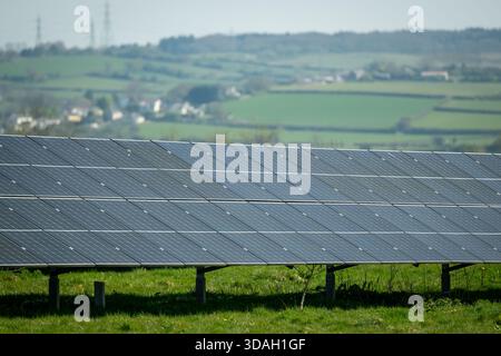 Ein Feld aus Solarpaneelen erstreckt sich über ein grasbewachsenes Feld unter hellem Himmel in Cowbridge, Wales. Stockfoto