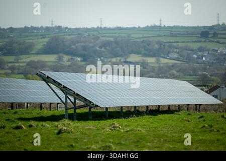 Ein Feld aus Solarpaneelen erstreckt sich über ein grasbewachsenes Feld unter hellem Himmel in Cowbridge, Wales. Stockfoto