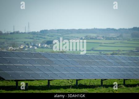 Ein Feld aus Solarpaneelen erstreckt sich über ein grasbewachsenes Feld unter hellem Himmel in Cowbridge, Wales. Stockfoto