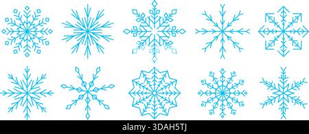 Blaue lineare Schneeflocken-Kollektion. Einfaches Schneeflocken-Symbol-Set für Weihnachten und Happy New Year Dekor, Winterfestdekoration, Grußkarten-Design-Elemente. Vektorillustrationsbündel Stock Vektor