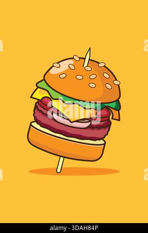 Eine leckere Cartoon-Stil Burger Satay Illustration mit mehrschichtigem Fleisch, Sauce, Gemüse und einem Spieß. Perfekt für Essensinhalte, Menüs, kulinarische BHs Stock Vektor
