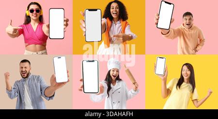 Gruppe von Personen, die Smartphones mit leeren Bildschirmen auf farbigem Hintergrund halten Stockfoto