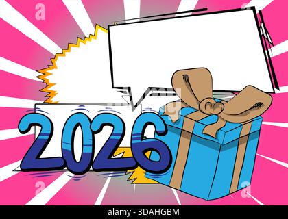 Cartoon Geschenkbox und Nummer 2026 mit leerer Sprechblase, Comic-Buch Feiertagshintergrund. Retro-Vektor-Comics Pop-Art-Design. Stock Vektor