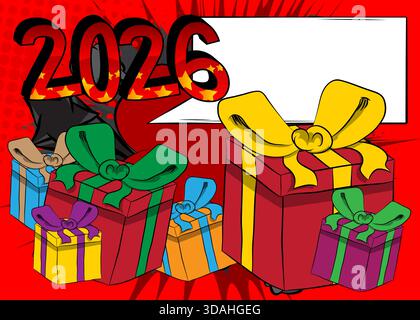 Cartoon Geschenkbox und Nummer 2026 mit leerer Sprechblase, Comic-Buch Feiertagshintergrund. Retro-Vektor-Comics Pop-Art-Design. Stock Vektor