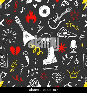 Nahtloses Rockmuster mit Gitarren-, Schädel- und Punksymbolen. Handgezeichnete Doodle-Grunge-Aufkleber mit Sternen, Rosen und Blitzschlägen für Rock Music Festival Hintergrund. Vektorabbildung Stock Vektor