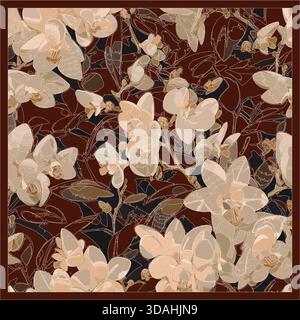 Abstraktes Orchideenmuster in warmen Erdtönen für Schal-Design. In quadratischem Grundriss, geeignet für Schals, Textilien und Modeschmucke. Stock Vektor