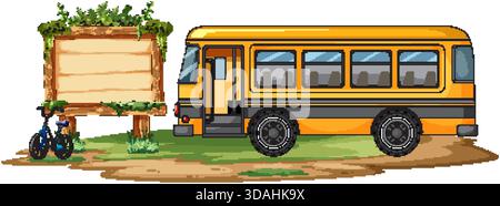 Gelber Schulbus mit Zeichentrickfilm in der Nähe eines leeren Holzschilds und eines Fahrrads auf unbefestigtem Boden Stock Vektor