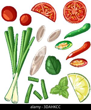 Farbenfroher Vektor von Gemüse, Kräutern und Gewürzen für asiatische Küche, isoliert auf weißem Hintergrund Stock Vektor