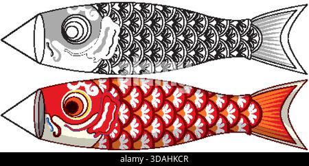 Zwei stilisierte Koinobori-Karpfen-Streamer, einer farbig und einer umrissen, mit komplizierten Schuppenmustern Stock Vektor
